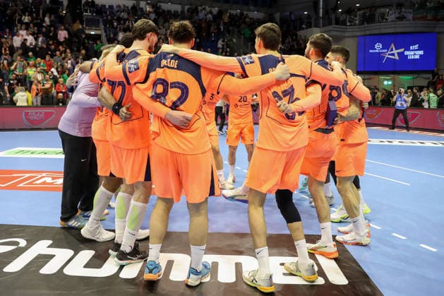 05.03.2026, xgox, Handball - EHF Champions League SC Magdeburg - FC Barcelona, Barca v.l. Barcelona Jubel ueber den Sieg, Jubel nach Spielende Magdeburg