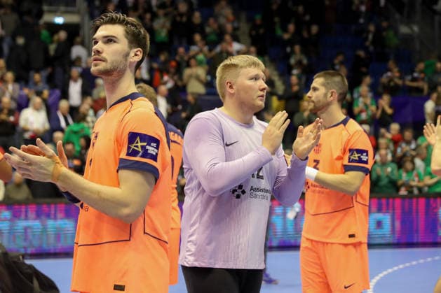05.03.2026, xgox, Handball - EHF Champions League SC Magdeburg - FC Barcelona, Barca v.l. Emil Nielsen (Barcelona, 12) Jubel ueber den Sieg, Jubel nach Spielende Magdeburg