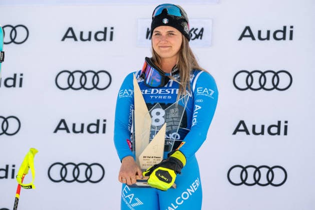 INVERNALI - Alpine Skiing - Audi FIS Ski World Cup - Women s Downhill Laura Pirovano (ITA) on the podium during Audi FIS Ski World Cup - Women s Downhill, Alpine Skiing race in Val di Fassa, Italy, March 06 2026 Val di Fassa Italy  Copyright: xIPAxSport ABACAx