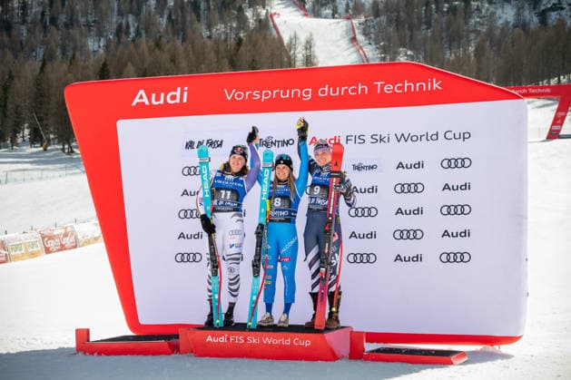 INVERNALI - Alpine Skiing - Audi FIS Ski World Cup - Women s Downhill Emma Aicher (GER), Laura Pirovano (ITA) and Breezy Johnson (USA) on the podium during Audi FIS Ski World Cup - Women s Downhill, Alpine Skiing race in Val di Fassa, Italy, March 06 2026 Val di Fassa Italy  Copyright: xIPAxSport ABACAx