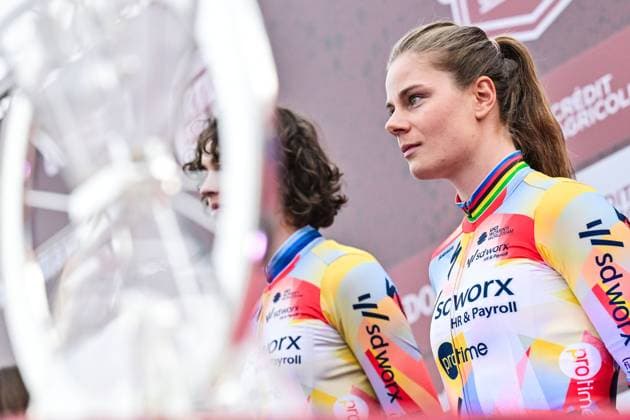 Belgian Lotte Kopecky pictured during the team presentations ahead of the Strade Bianche one day cycling race from and to Siena, Italy, Friday 06 March 2026. DIRKxWAEM  x166662643x