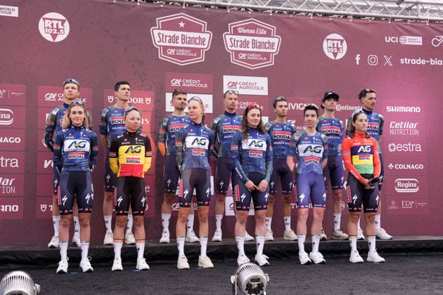 AG INSURANCE - SOUDAL TEAM SOUDAL QUICK-STEP during the team presentation of the Strade Bianche e Strade Bianche Women cycling race in Siena, Tuscany - Italy - Friday, March 6, 2026. - cycling  Copyright: xFabioxFerrari LaPressex
