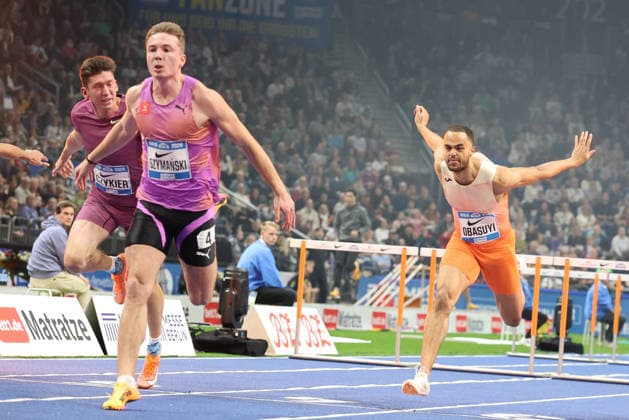 BERLIN, GERMANY - MARCH 6: Jakub SZYMAÅƒSKI (POL), 60m Hurdles Men, Michael OBASUYI (BEL), 60m Hurdles Men, during the ISTAF Indoor Berlin at Uber Arena Berlin, March 6, 2026 in Berlin, Germany. Berlin Germany Copyright: xO.Frankex