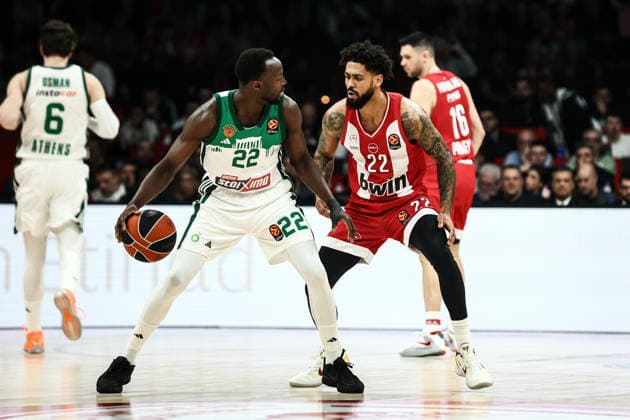 Olympiacos Piraeus v Panathinaikos AKTOR - Euroleague PIRAEUS, GREECE - MARCH 6: Olympiacos Tyler Dorsey in action with Panathinaikos Jerian Grant during the Euroleague season 2025-26 match between Olympiacos Piraeus and Panathinaikos AKTOR Athens in Peace and Friendship Stadium in Piraeus, Greece on 6 March 2026. Andreas Papakonstantinou Anadolu Piraeus Greece. Editorial use only. Please get in touch for any other usage.  Copyright: x2026xAnadoluxAndreasxPapakonstantinoux