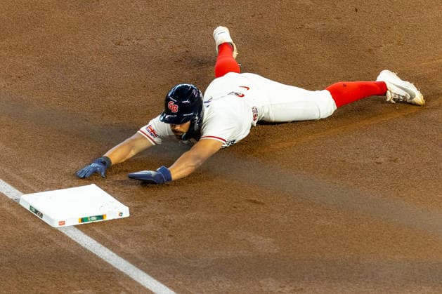 Harry Ford of Great Britain slides into base during a World Baseball Classic game between Great Britain and Mexico at Daikin Park in Houston, United States, 06 March 2026. World Baseball Classic: Great Britain vs Mexico !ACHTUNG: NUR REDAKTIONELLE NUTZUNG!  Copyright: xCarlosxRamírezx AMDEP1999 20260306-55019617129_1