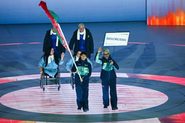 ITALY, VERONA - MARCH 6, 2026: The Belarusian national team, Nationalteam during the opening ceremony of 2026 Paralympic Winter games, Winterspiele,Spiele, Summer games at the Verona Arena. Mikhail Tereshchenko TASS  89667048