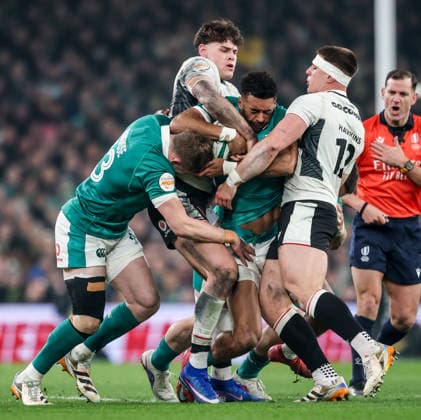 2026 Guinness Six Nations Championship Round 4, Aviva Stadium, Dublin 6 3 2026 Ireland vs Wales Ireland s Robert Baloucoune is tackled by Wales Alex Mann and Joe Hawkins Robert Baloucoune is tackled by Alex Mann and Joe Hawkins 6 3 2026  Copyright: x INPHO NickxElliottx AC016538 copy