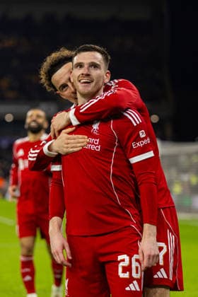 Football - FA Cup - 5th Round - Liverpool FC v Wolverhampton Wanderers FC WOLVERHAMPTON, ENGLAND - Friday, March 6, 2026: Liverpool s Andy Robertson (R) celebrates with team-mate Curtis Jones after scoring the first goal during the FA Cup 5th Round match between Liverpool FC and Wolverhampton Wanderers FC at Molineux. (Photo by David Rawcliffe Propaganda) WOLVERHAMPTON Molineux WEST MIDLANDS ENGLAND  Copyright: xPropagandaxPhotoxAgencyx P2026-03-06-Wolves_Liverpool-92