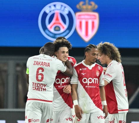 PSG vs AS Monaco: French Ligue 1 PARIS, FRANCE - MARCH 06: Maghnes Akliouche (2nd L) of Monaco celebrates after scoring during the French Ligue 1 (L1) soccer match between Paris Saint-Germain (PSG) and AS Monaco at Parc des Princes stadium in Paris, France on March 06, 2026. Mustafa Yalcin Anadolu Paris France. Editorial use only. Please get in touch for any other usage.  Copyright: x2026xAnadoluxMustafaxYalcinx