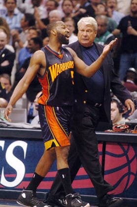 May 01, 2007 - Dallas, TX, USA - Golden State Warriors head coach DON NELSON talks with BARON DAVIS after Davis fouled out in the fourth quarter in their first-round playoff game against the Dallas Mavericks at American Airlines Center in Dallas on Tuesday May 1, 2007. Copyright: xSeanxConnelleyx