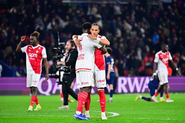 FOOTBALL : PSG vs Monaco - Ligue 1 - 06 03 2026 Thilo Kehrer of Monaco celebrates with Jordan Teze of Monaco following the Ligue 1 match between Paris Saint Germain and AS Monaco at Parc des Princes on March 06, 2026 in Paris, France. ( Photo by Federico Pestellini PsnewZ ) - ParisFrance  Copyright: xFedericoxPestelinix