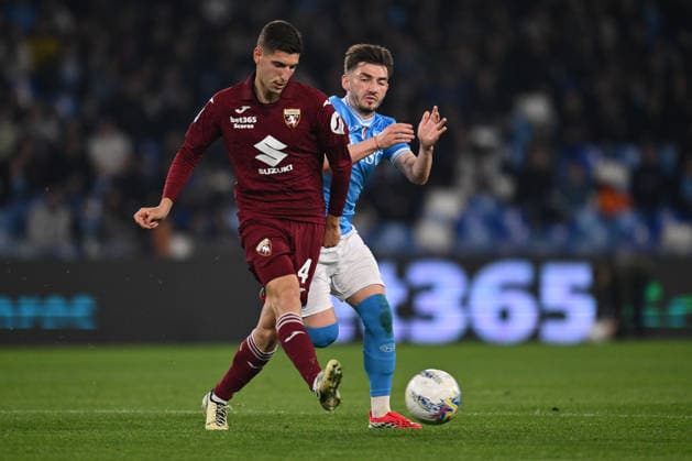 Matteo Prati of Torino F.C. and Billy Gilmour of S.S.C. Napoli are in action during the 28th day of the Serie A Championship between S.S.C. Napoli and Torino F.C. at the Diego Armando Maradona Stadium on March 6, 2026 in Naples, Italy.  Copyright: xDomenicoxCippitelli IPAxSportx xipa-agency.netx xx IPA_72480090 IPA_Agency_IPA72480090