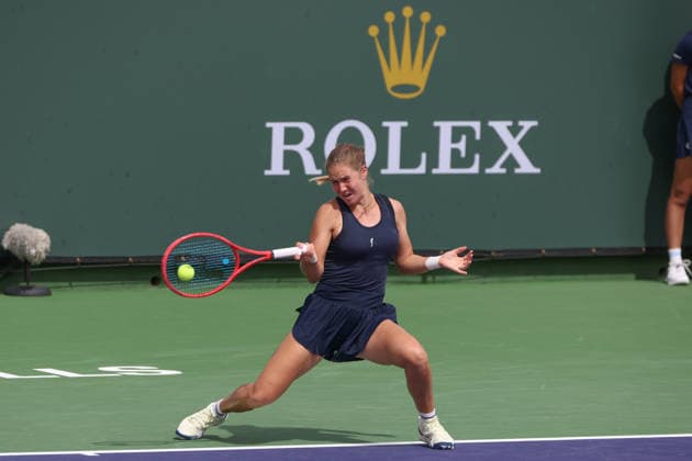 INDIAN WELLS, CA - MARCH 06: Anastasia Zakharova hits a forehand during the BNP Paribas Open on March 6, 2026 at Indian Wells Tennis Garden in Indian Wells, CA. (Photo by George Walker Icon Sportswire) TENNIS: MAR 06 BNP Paribas Open EDITORIAL USE ONLY Icon260306044