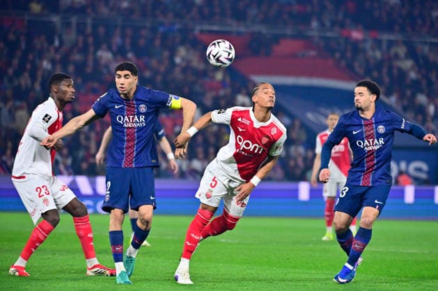 FOOTBALL : PSG vs Monaco - Ligue 1 - 06 03 2026 Achraf Hakimi of Paris Saint Germain , Thilo Kehrer of Monaco and Warren ZAIRE EMERY of Paris Saint Germain during the Ligue 1 match between Paris Saint Germain and AS Monaco at Parc des Princes on March 06, 2026 in Paris, France. ( Photo by Federico Pestellini PsnewZ ) - ParisFrance  Copyright: xFedericoxPestelinix