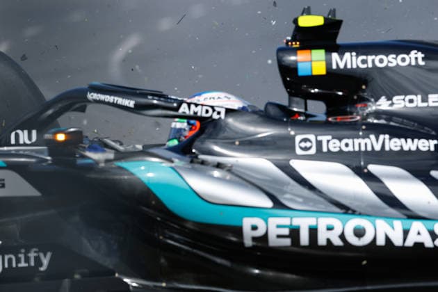 7th March 2026: Melbourne Grand Prix Circuit, Melbourne, Victoria, Australia: Formula One Australian Grand Prix, Qualifying Day; George Russell of the United Kingdom driving the 63 Mercedes AMG F! W17 Mercedes AMG hits the wall on turn 2  DavidxWoodley Content restricted for UK based newspaper