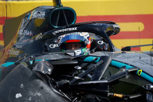 7th March 2026: Melbourne Grand Prix Circuit, Melbourne, Victoria, Australia: Formula One Australian Grand Prix, Qualifying Day; George Russell of the United Kingdom driving the 63 Mercedes AMG F! W17 Mercedes AMG sits in his smashed car on the other side of the track after hitting the wall on turn 2  DavidxWoodley Content restricted for UK based newspaper