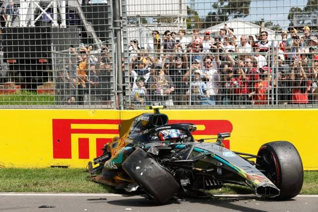 7th March 2026: Melbourne Grand Prix Circuit, Melbourne, Victoria, Australia: Formula One Australian Grand Prix, Qualifying Day; George Russell of the United Kingdom driving the 63 Mercedes AMG F! W17 Mercedes AMG sits in his smashed car on the other side of the track after hitting the wall on turn 2  DavidxWoodley Content restricted for UK based newspaper