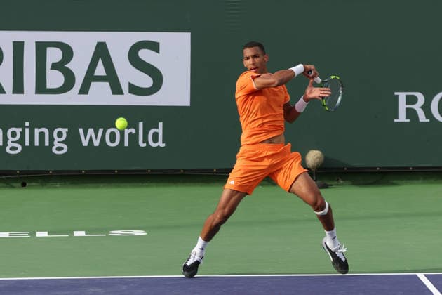 INDIAN WELLS, CA - MARCH 06: Felix Auger-Aliassime (CAN) hits a forehand during the BNP Paribas Open on March 6, 2026 at Indian Wells Tennis Garden in Indian Wells, CA. (Photo by George Walker Icon Sportswire) TENNIS: MAR 06 BNP Paribas Open EDITORIAL USE ONLY Icon260306050