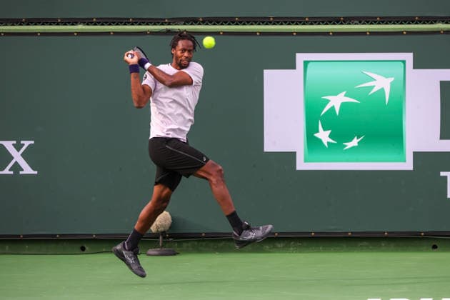INDIAN WELLS, CA - MARCH 06: Gael Monfils (FRA) hits a backhand during the BNP Paribas Open on March 6, 2026 at Indian Wells Tennis Garden in Indian Wells, CA. (Photo by George Walker Icon Sportswire) TENNIS: MAR 06 BNP Paribas Open EDITORIAL USE ONLY Icon260306062