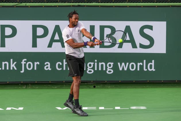INDIAN WELLS, CA - MARCH 06: Gael Monfils (FRA) hits a backhand during the BNP Paribas Open on March 6, 2026 at Indian Wells Tennis Garden in Indian Wells, CA. (Photo by George Walker Icon Sportswire) TENNIS: MAR 06 BNP Paribas Open EDITORIAL USE ONLY Icon260306068