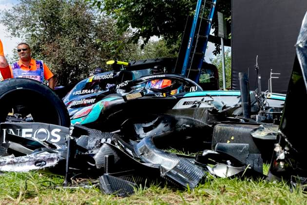 MELBOURNE - Formula 1 driver Kimi Antonelli of Mercedes AMG-Petronas Formula One Team damages his car during Formula 1 Melbourne free practice and qualifying at Albert Park on March 7, 2025 in Melbourne, Australia. (Photo by DeFodi Images) -