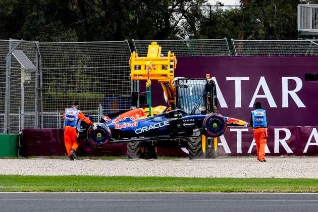 MELBOURNE - Formula 1 driver Max Verstappen of Oracle Red Bull Racing crashes his car at Turn 1 during Formula 1 Melbourne free practice and qualifying at Albert Park on March 7, 2025 in Melbourne, Australia. (Photo by DeFodi Images) -