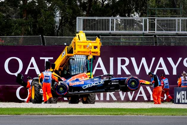 MELBOURNE - Formula 1 driver Max Verstappen of Oracle Red Bull Racing crashes his car at Turn 1 during Formula 1 Melbourne free practice and qualifying at Albert Park on March 7, 2025 in Melbourne, Australia. (Photo by DeFodi Images) -
