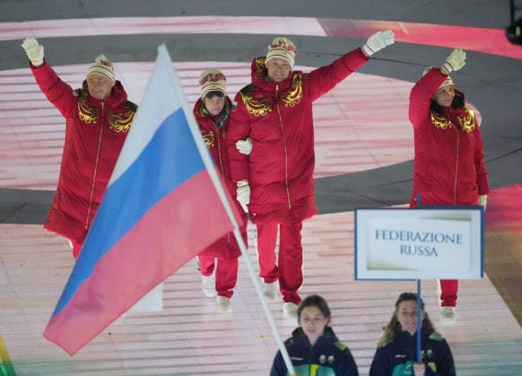 (260307) -- VERONA, March 7, 2026 -- Members of the delegation of Russia parade during the opening ceremony of Milan-Cortina 2026 Paralympic Winter games, Winterspiele,Spiele, Summer games at Verona Olympic Arena in Verona, Italy, March 6, 2026. ) (SP)ITALY-VERONA-PARALYMPIC WINTER GAMES-OPENING CEREMONY CaixYang 