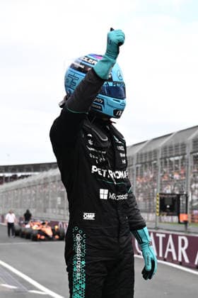 2026 AUSTRALIAN F1 GRAND PRIX, George Russell of Mercedes celebrates taking pole position following Qualifying as part of the 2026 Australian Grand Prix at Albert Park Circuit in Melbourne, Saturday, March 7, 2026. ( NO ARCHIVING, EDITORIAL USE ONLY MELBOURNE VICTORIA AUSTRALIA  Copyright: xJOELxCARRETTx 20260307122843959502