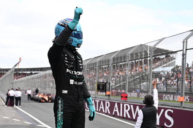 2026 AUSTRALIAN F1 GRAND PRIX, George Russell of Mercedes celebrates taking pole position following Qualifying as part of the 2026 Australian Grand Prix at Albert Park Circuit in Melbourne, Saturday, March 7, 2026. ( NO ARCHIVING, EDITORIAL USE ONLY MELBOURNE VICTORIA AUSTRALIA  Copyright: xJOELxCARRETTx 20260307199591963427