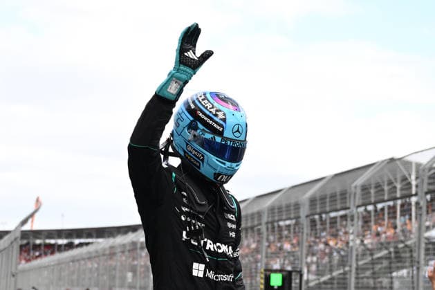 2026 AUSTRALIAN F1 GRAND PRIX, George Russell of Mercedes celebrates taking pole position following Qualifying as part of the 2026 Australian Grand Prix at Albert Park Circuit in Melbourne, Saturday, March 7, 2026. ( NO ARCHIVING, EDITORIAL USE ONLY MELBOURNE VICTORIA AUSTRALIA  Copyright: xJOELxCARRETTx 20260307193622238532