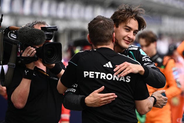 2026 AUSTRALIAN F1 GRAND PRIX, George Russell of Mercedes celebrates taking pole position following Qualifying as part of the 2026 Australian Grand Prix at Albert Park Circuit in Melbourne, Saturday, March 7, 2026. ( NO ARCHIVING, EDITORIAL USE ONLY MELBOURNE VICTORIA AUSTRALIA  Copyright: xJOELxCARRETTx 20260307185821043093