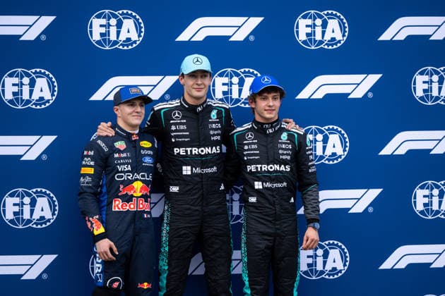 Isack Hadjar (Oracle Red Bull Racing, Frankreich, 06) , George Russell (Mercedes-AMG Petronas F1 Team, Großbritannien, 63), Andrea Kimi Antonelli (Mercedes-AMG Petronas F1 Team, Italien, 12) auf Platz 3, Pole Position, Platz 2, AUS, Formel 1 Weltmeisterschaft, Australian Grand Prix, Albert Park Circuit, Melbourne, Qualifying, Saison 2026, 07.03.2026 AUS, Formel 1 Weltmeisterschaft, Australian Grand Prix, Albert Park Circuit, Melbourne, Qualifying, Saison 2026, 07.03.2026 Melbourne Copyright: xEibner-Pressefoto Memmlerx EP_MMR
