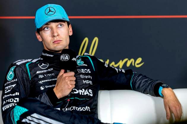 MELBOURNE - Formula 1 driver George Russell of Mercedes AMG-Petronas Formula One Team during the press conference, PK, Pressekonferenz during the Formula 1 Melbourne free practice and qualifying session at Albert Park on March 7, 2025 in Melbourne, Australia. (Photo by DeFodi Images) -
