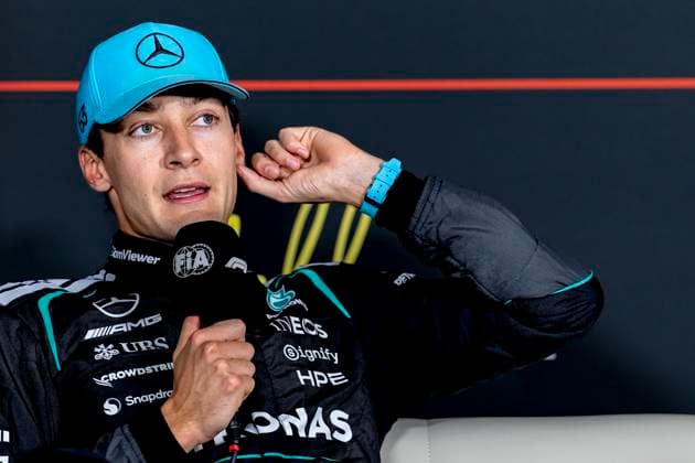MELBOURNE - Formula 1 driver George Russell of Mercedes AMG-Petronas Formula One Team during the press conference, PK, Pressekonferenz during the Formula 1 Melbourne free practice and qualifying session at Albert Park on March 7, 2025 in Melbourne, Australia. (Photo by DeFodi Images) -