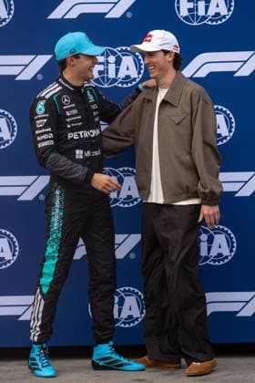 March 7, 2026, Melbourne, Victoria, Australia: L to R: GEORGE RUSSELL - (GBR) - Mercedes-AMG PETRONAS Formula One Team & Australian Winter Olympic athlete SCOTTY JAMES on Saturday at the Formula 1 Qatar Airways Australian Grand Prix 2026. F1 2026: Australian Grand Prix: Setup  - ZUMAf186 20260307_zsp_f186_138 Copyright: xJamesxForresterx