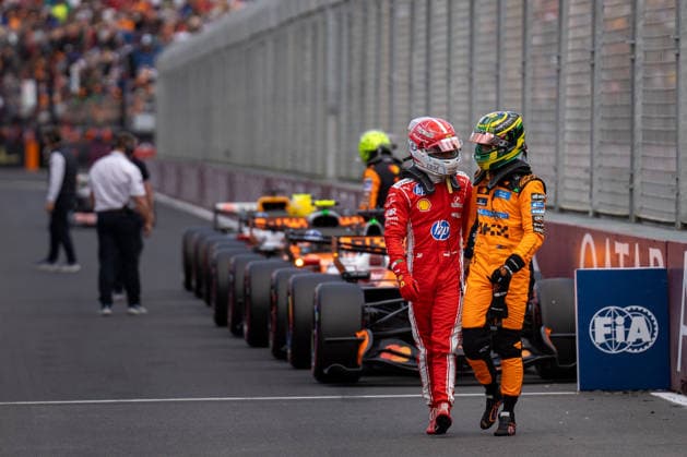 March 7, 2026, Melbourne, Victoria, Australia: L to R: CHARLES LECLERC - (MON) - Scuderia Ferrari HP & OSCAR PIASTRI - (AUS) - McLaren Mastercard F1 Team talk at the end of qualifying on Saturday at the Formula 1 Qatar Airways Australian Grand Prix 2026. Melbourne Australia - ZUMAf186 20260307_zsp_f186_134 Copyright: xJamesxForresterx
