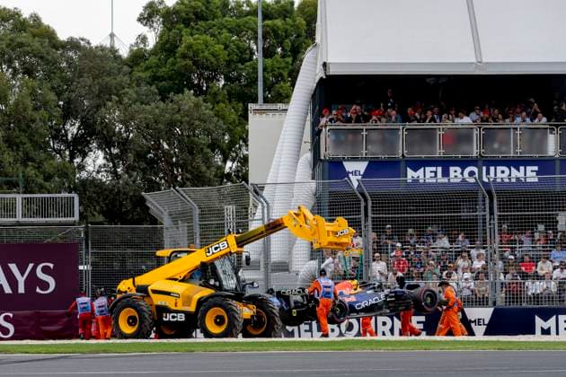 MELBOURNE - Formula 1 driver Max Verstappen of Oracle Red Bull Racing s car hangs in the hoist during Formula 1 Melbourne free practice and qualifying at Albert Park on March 7, 2025 in Melbourne, Australia. (Photo by DeFodi Images) -