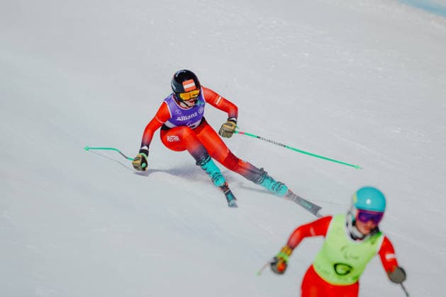 PARALYMPICS - Winter Paralympics Milano Cortina 2026 CORTINA D AMPEZZO,ITALY,07.MAR.26 - PARALYMPICS, ALPINE SKIING - Paralympic Winter games, Winterspiele,Spiele, Summer games Milano Cortina 2026, downhill, women. Image shows Veronika Aigner (AUT) and guide Lilly Sammer.  GEPAxpictures xMaticxKlansek