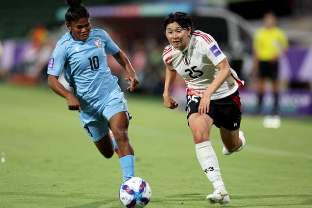 SOCCER ASIAN CUP INDIA JAPAN, India™s Pyari Xaxa and Japan™s Remina Chiba go for the ball during the AFC Women™s Asian Cup Group C match between India and Japan at HBF Park in Perth, Saturday, March 7, 2026. ( NO ARCHIVING, EDITORIAL USE ONLY PERTH WESTERN AUSTRALIA AUSTRALIA  Copyright: xCOLINxMURTYx 20260307131877793018