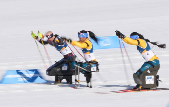 (260307) -- TESERO, March 7, 2026 -- Aline dos Santos Rocha (C) of Brazil competes during the women s sprint sitting final of para biathon at the Milan-Cortina 2026 Paralympic Winter games, Winterspiele,Spiele, Summer games in Tesero, Italy, March 7, 2026. ) (SP)ITALY-TESERO-PARALYMPIC WINTER GAMES-PARA BIATHLON-WOMEN S SPRINT SITTING LianxZhen 