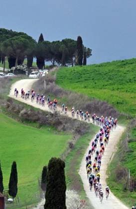 The pack of riders pictured in action during the men elite Strade Bianche one day cycling race, 203km from and to Siena, Italy on Saturday 07 March 2026. DIRKxWAEM  x166735307x