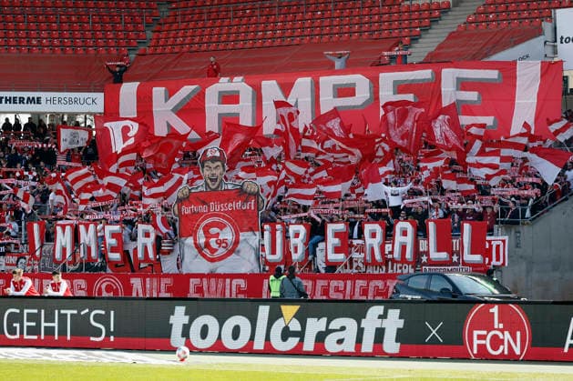 v.l.n.r.: Choreo, Choreographie, Fan, Fans der Düsseldorfer vor Spielbeginn. Fussball 2. Bundesliga, 1. FC Nürnberg – Fortuna Düsseldorf im Max-Morlock-Stadion, Nürnberg, Deutschland, am 7. März 2026. in action during the 2. Bundesliga match between 1. FC Nürnberg and Fortuna Düsseldorf at the Max-Morlock-Stadion, Nuremberg, Germany, on March 7, 2026 DFL REGULATIONS PROHIBIT ANY USE OF PHOTOGRAPHS AS IMAGE SEQUENCES AND OR QUASI-VIDEO.