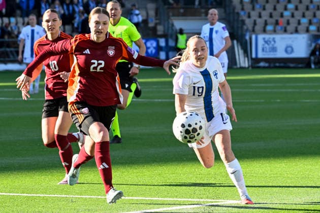 LKS 20260307 Evelina Arseno of Latvia (L) and Lotta Lindström of Finland during World Cup UEFA Women s European Qualifiers League phase football match Finland vs Latvia in Helsinki, Finland on March 7, 2026. - HEIKKI SAUKKOMAA Helsinki Finland yY46y8_9_qU  Copyright: xHeikkixSaukkomaax yY46y8_9_qU