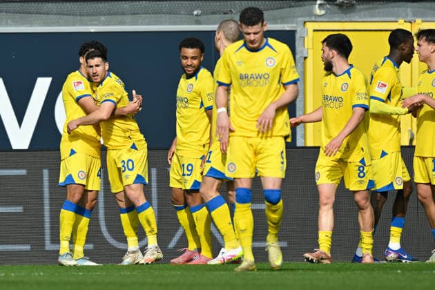 Paderborn, Home Deluxe Arena, 07.03.26, GER, Herren, 2.Bundesliga, Saison 2025-2026, SC Paderborn 07 - Eintracht Braunschweig Bild: Robin Heußer (Braunschweig) jubelt nach seinem Tor zum 0:1 DFL regulations prohibit any use of photographs as image sequences and or quasi-video. NRW Deutschland