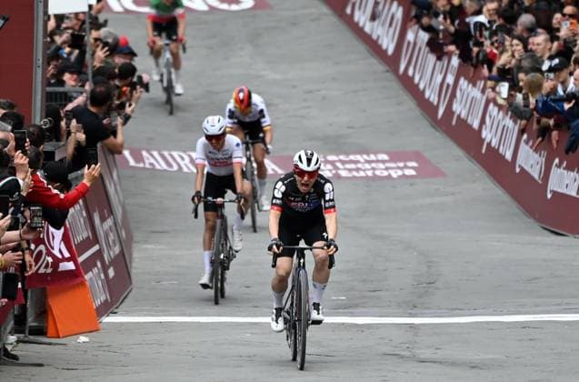Swiss Elise Chabbey of FDJ Suez celebrates as she crosses the finish line to win the women elite Strade Bianche one day cycling race, 133km from and to Siena, Italy, on Saturday 07 March 2026. ELIASxROM  x166737757x
