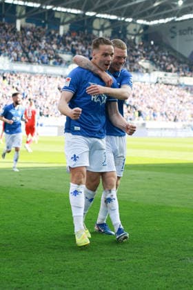 2026.03.07 xjfx 2.Bundesliga SV Darmstadt 98 - Holstein Kiel v.l., Niklas Schmidt (SV Darmstadt 98) und Kai Klefisch (SV Darmstadt 98) Torjubel, Goal celebration, celebrate the goal zum 2:0 (DFL DFB REGULATIONS PROHIBIT ANY USE OF PHOTOGRAPHS as IMAGE SEQUENCES and or QUASI-VIDEO)