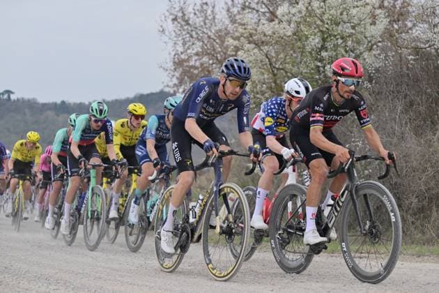 French Julian Alaphilippe of Tudor Pro Cycling Team pictured in action during the men elite Strade Bianche one day cycling race, 203km from and to Siena, Italy on Saturday 07 March 2026. DIRKxWAEM  x166738312x