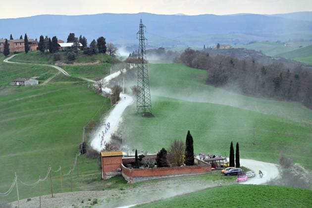The pack of riders pictured in action during the men elite Strade Bianche one day cycling race, 203km from and to Siena, Italy on Saturday 07 March 2026. DIRKxWAEM  x166740017x