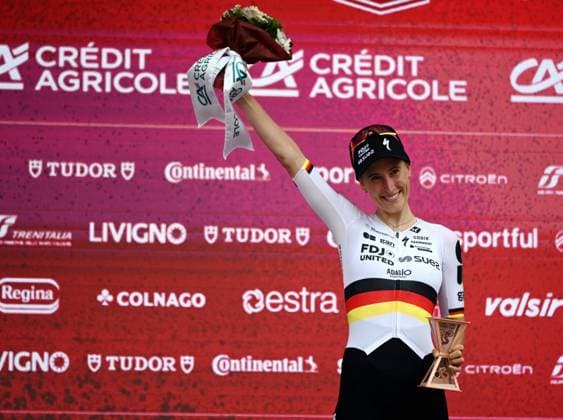 German Franziska Koch of FDJ United SUEZ celebrates on the podium after the women elite Strade Bianche one day cycling race, 133km from and to Siena, Italy, on Saturday 07 March 2026. ELIASxROM  x166740681x
